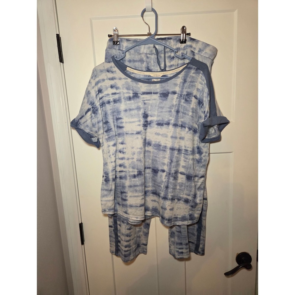 Lucky Brand Blue Tie Dye Pajama Set Short Sleeve Top Cropped Pants XL
